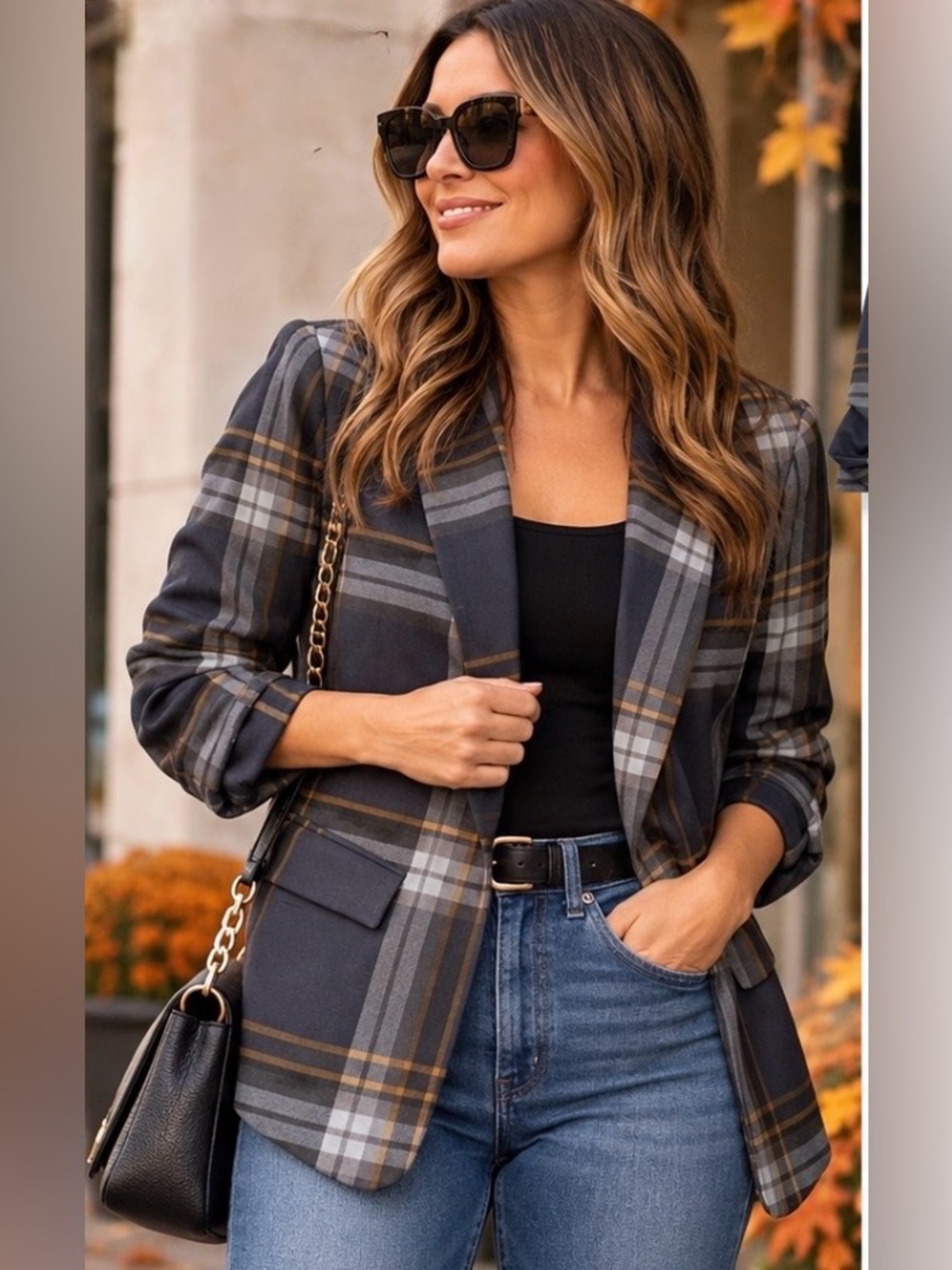 Le Château Plaid Open Front Blazer Ruched Sleeves Fall Academia